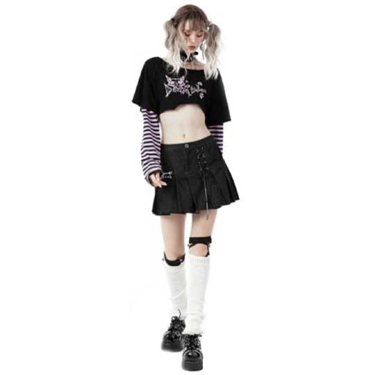 Women’s Grunge Cat Printed Striped Sleeve Crop Top
