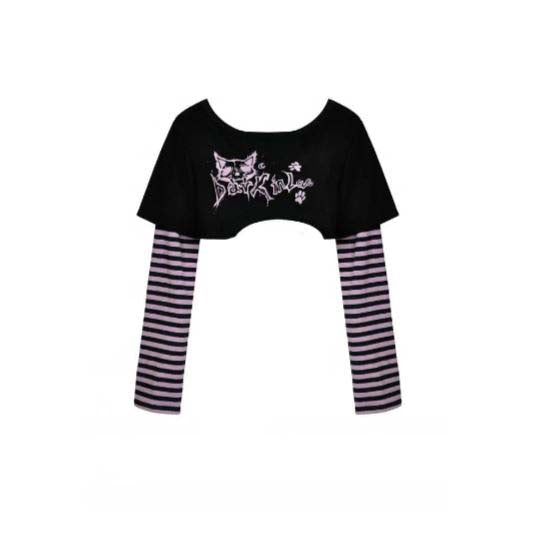 Women’s Grunge Cat Printed Striped Sleeve Crop Top
