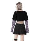 Women’s Grunge Cat Printed Striped Sleeve Crop Top