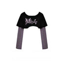 Women’s Grunge Cat Printed Striped Sleeve Crop Top