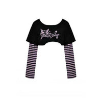 Women’s Grunge Cat Printed Striped Sleeve Crop Top