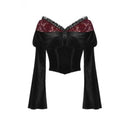 Women’s Off Shoulder Lace Splice Velvet Crop Top