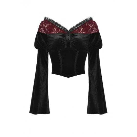 Women’s Off Shoulder Lace Splice Velvet Crop Top
