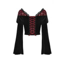 Women’s Off Shoulder Lace Splice Velvet Crop Top